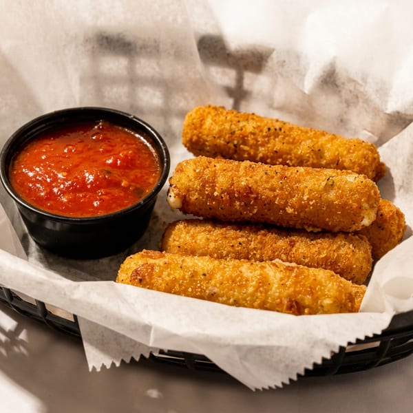 Golden-brown mozzarella sticks and a small black cup of marinara sauce in a basket.