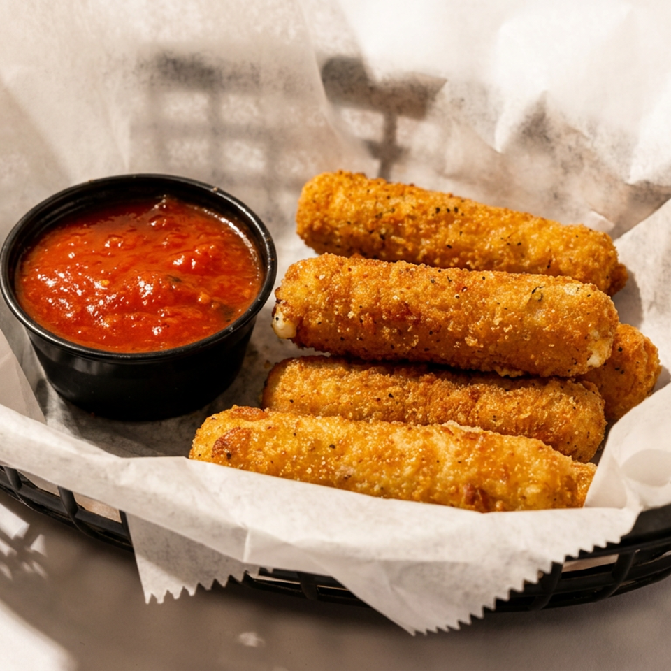 Golden-brown mozzarella sticks and a small black cup of marinara sauce in a basket.