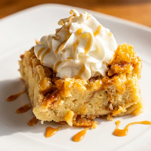 Bread pudding with whipped cream and caramel drizzle on a white plate.