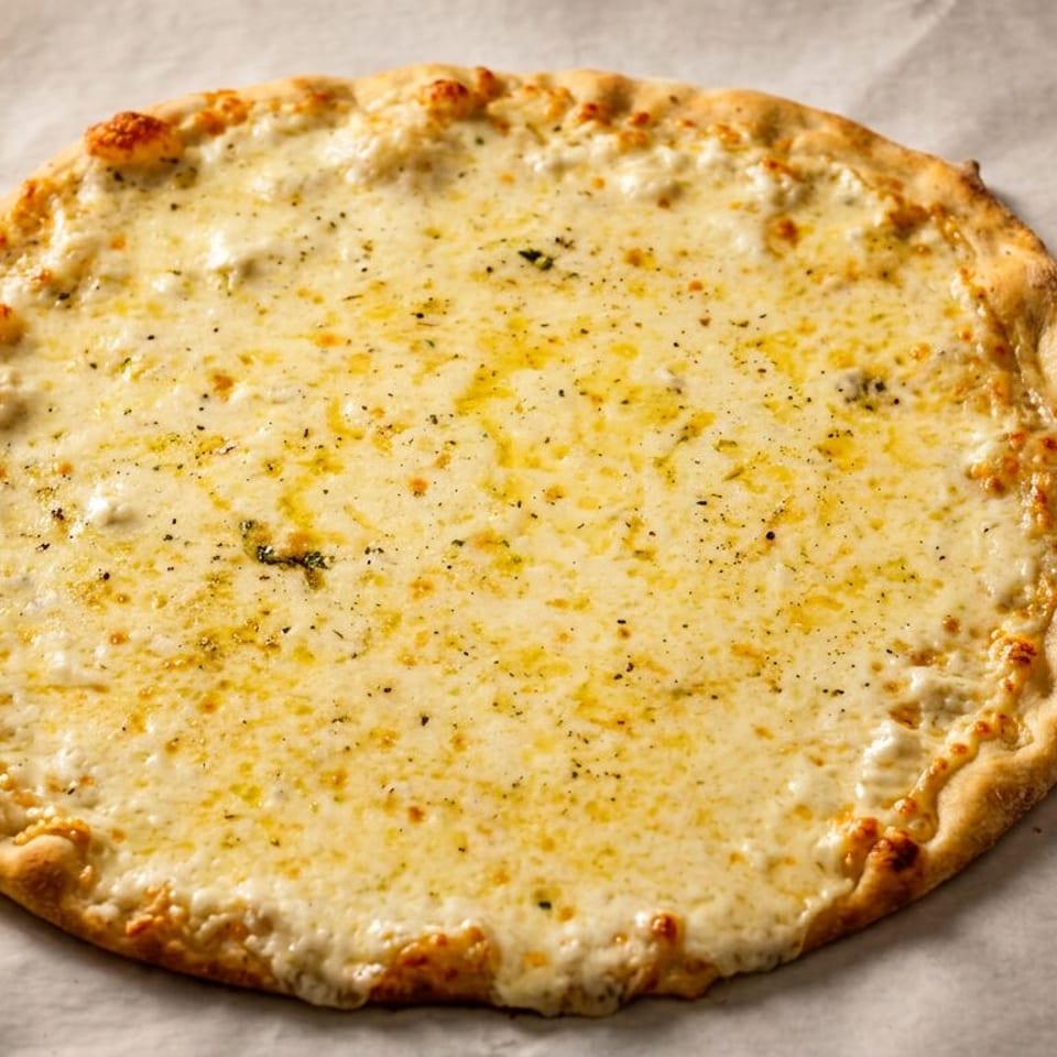 A freshly baked white pizza with melted cheese and herbs on parchment paper.