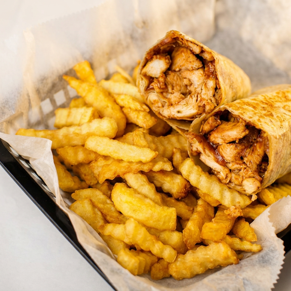 Two chicken wraps with crinkle-cut fries served in a black basket lined with white paper.